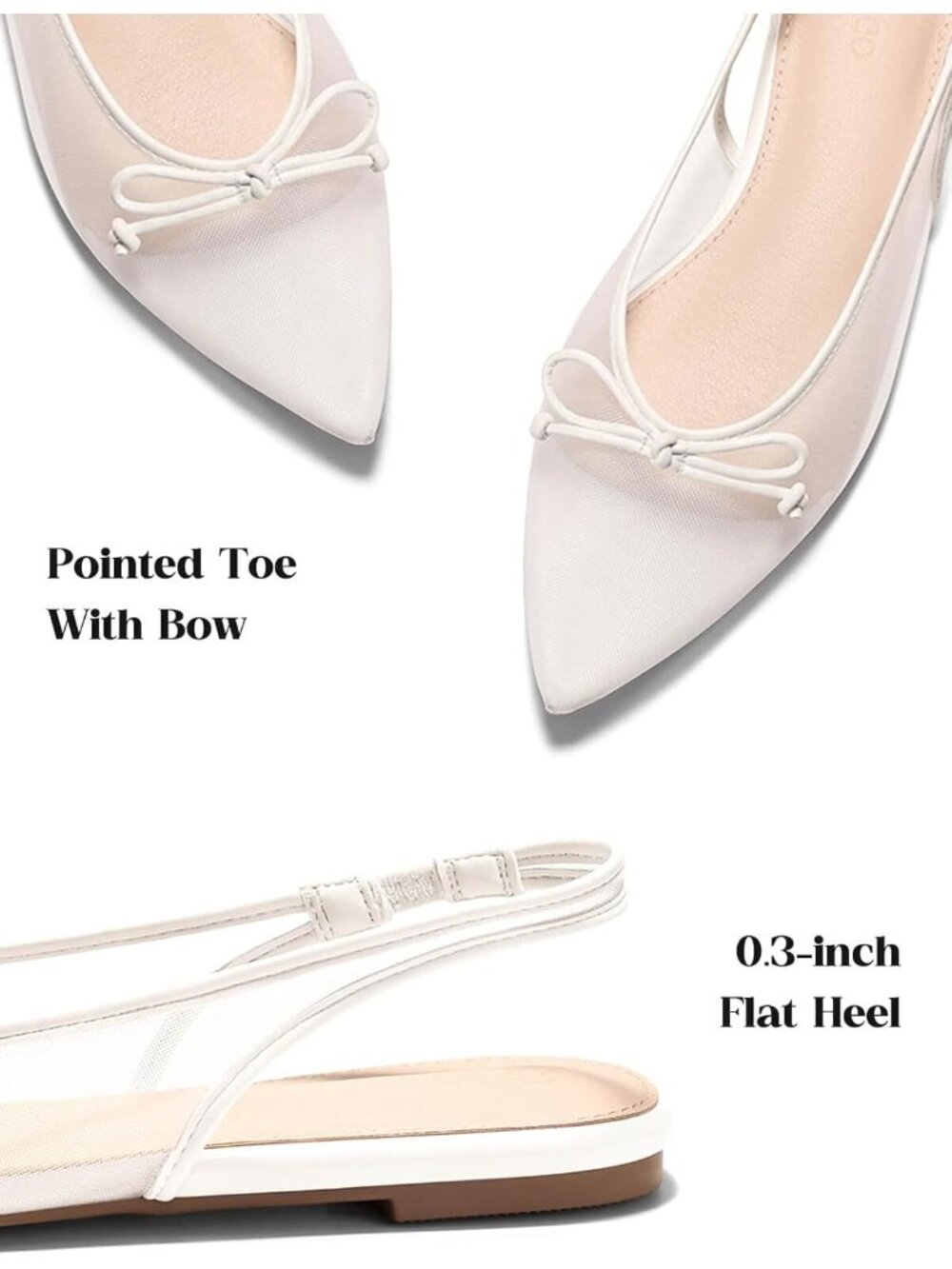 Women's White Slingback Flats Bow Closed Pointed Toe Mesh Ballet Flats Sandals - Picture 4 of 6